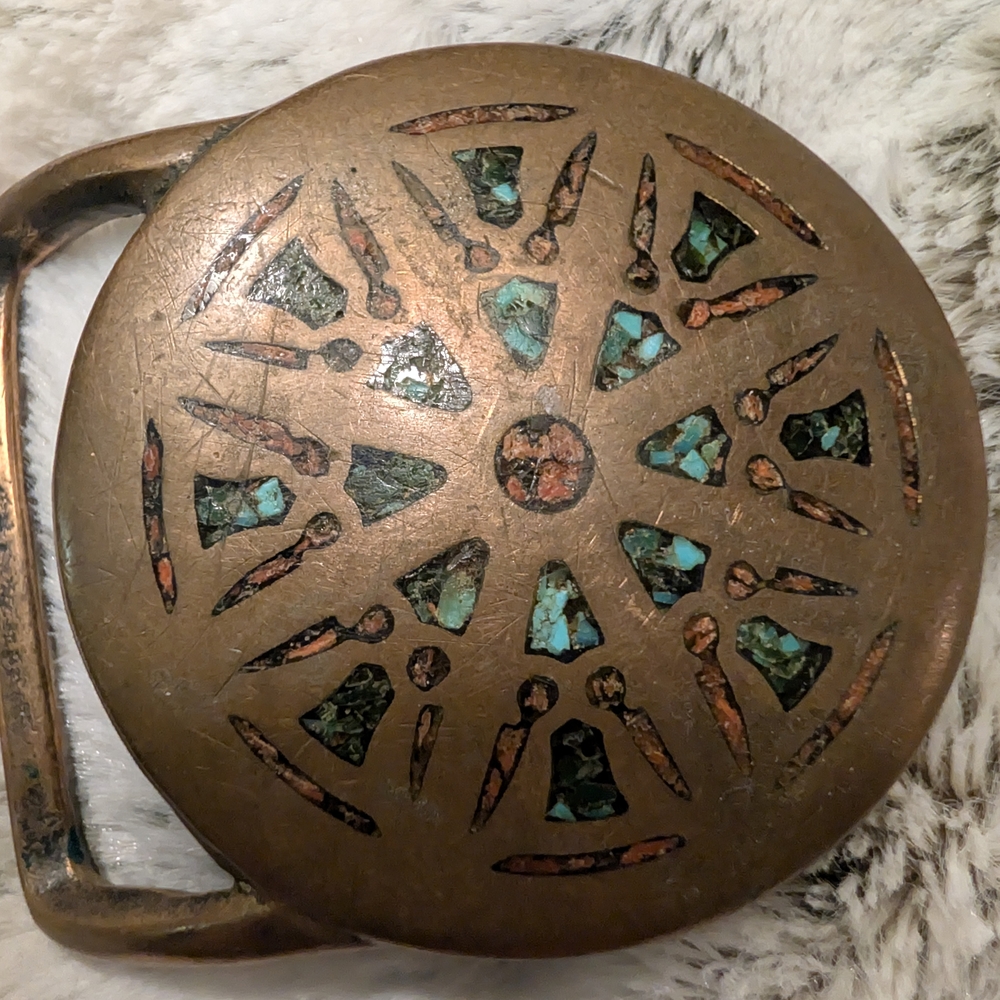 Vintage Brass Belt Buckle with Turquoise Inlay